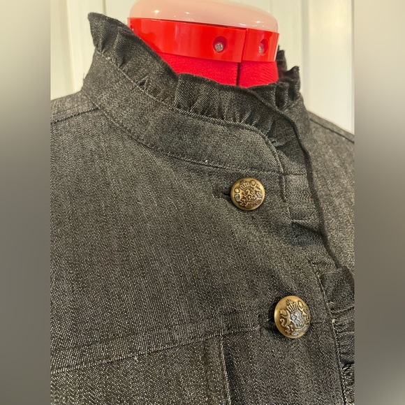 Sandro Petite Dark Gray Denim Ruffle Trimmed Military Style Jacket - Picture 7 of 9